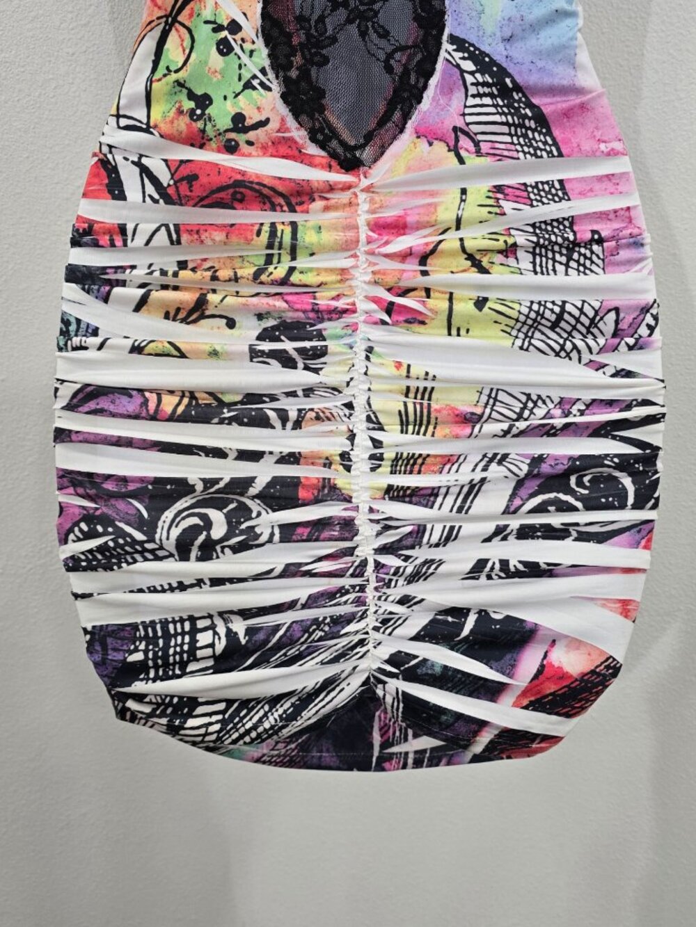 Cesarina ✦ Abstract Multicolor Cowl Neck Dress ✦ Lace Back Ruched Sides S - Picture 13 of 13